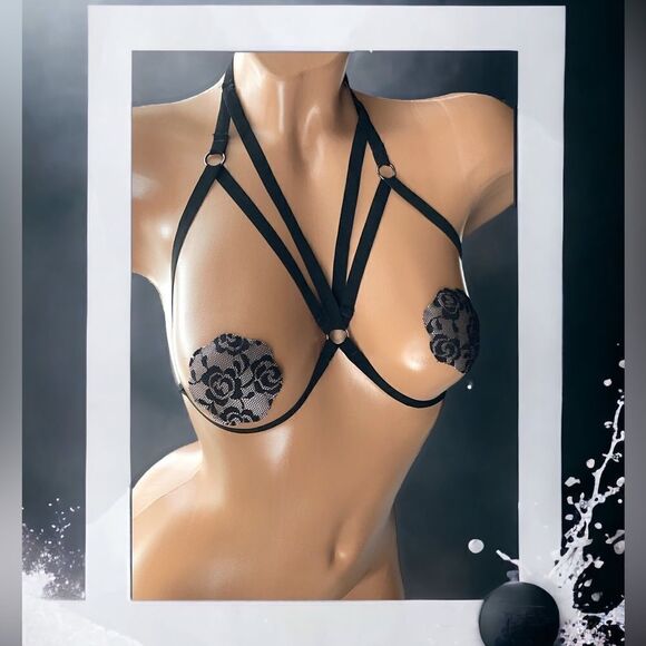 2-piece l Layering Strings l O-Ring String Bra l Black Lace Nipple Covers l New - Picture 1 of 9